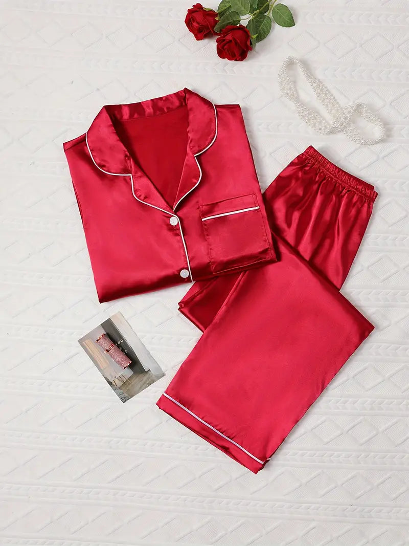 Dames luxe satijnen pyjama set | Lange mouwen knoopsluiting