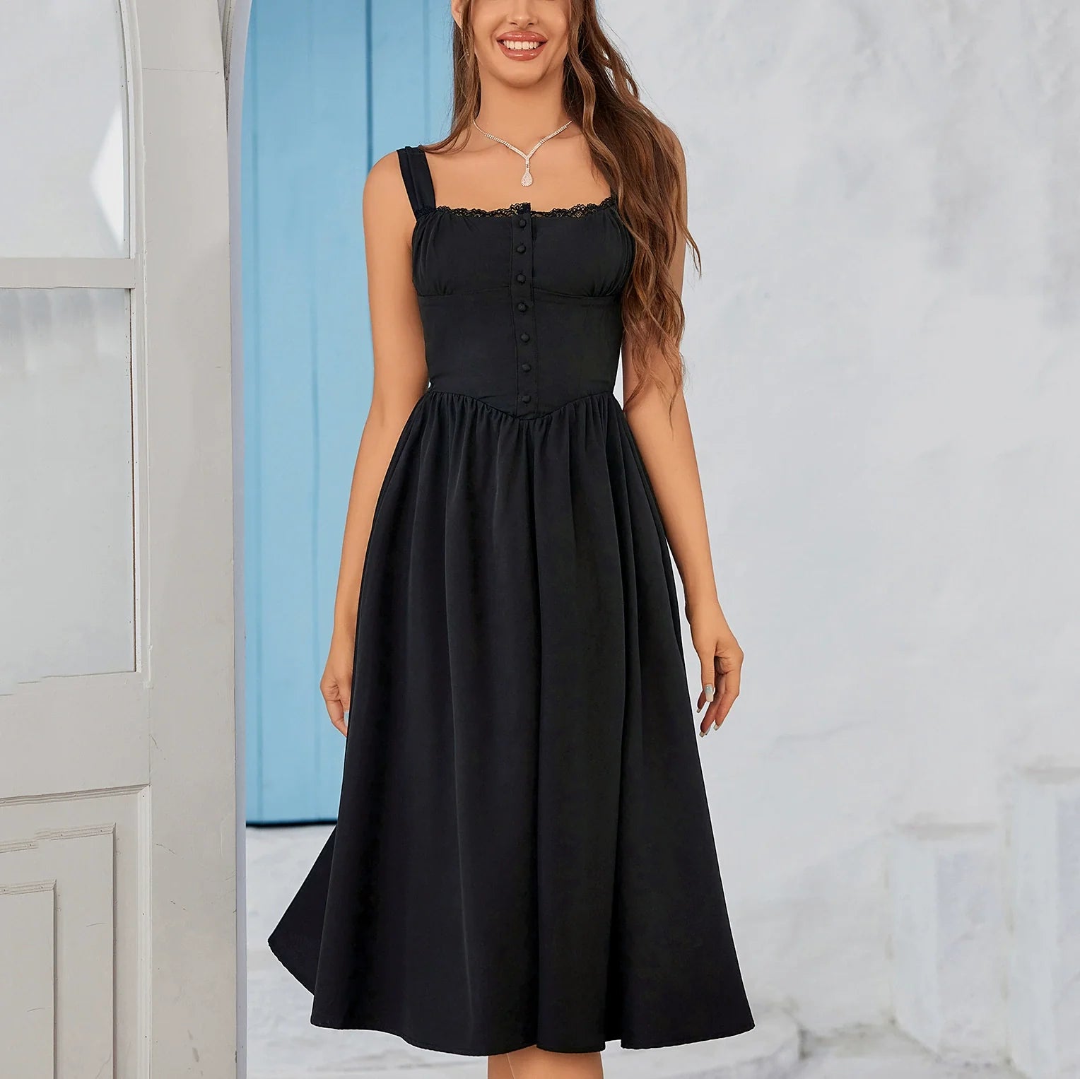 Dames Elegante knoopsluiting zomerjurk | Midi