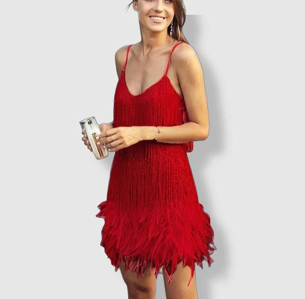 Dames Glanzende Veer Cocktailjurk | Mini