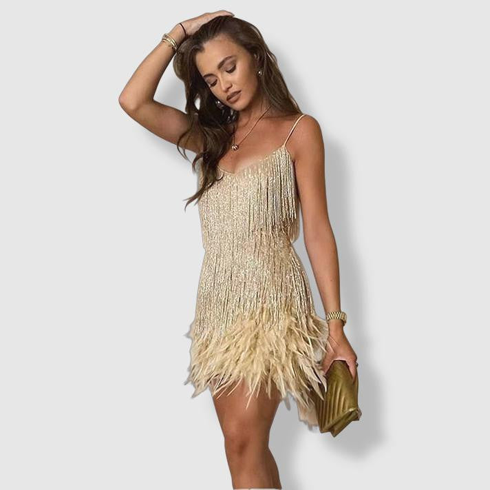 Dames Glanzende Veer Cocktailjurk | Mini