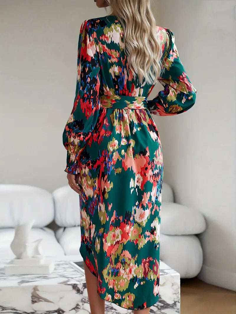 Abito midi elegante da donna con stampa floreale e incrocio