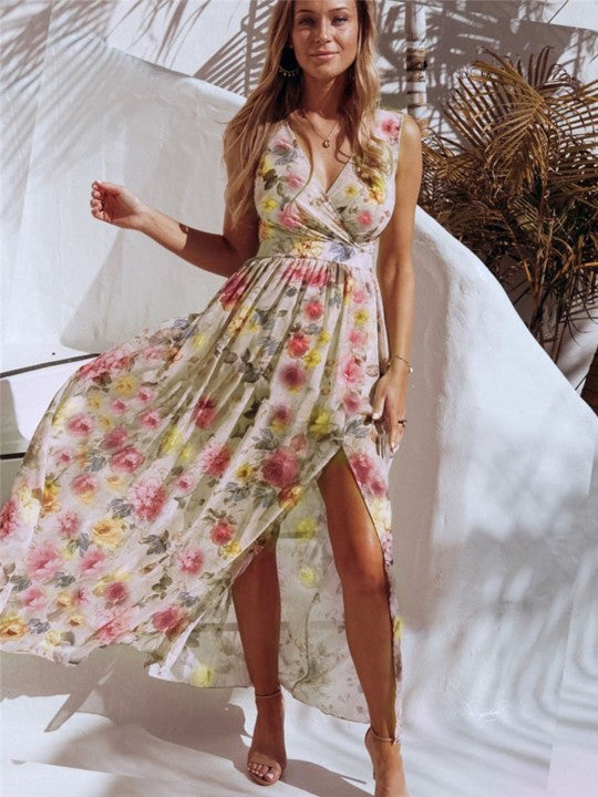 Abito estivo leggero da donna con stampa floreale e spacco alto | Maxi