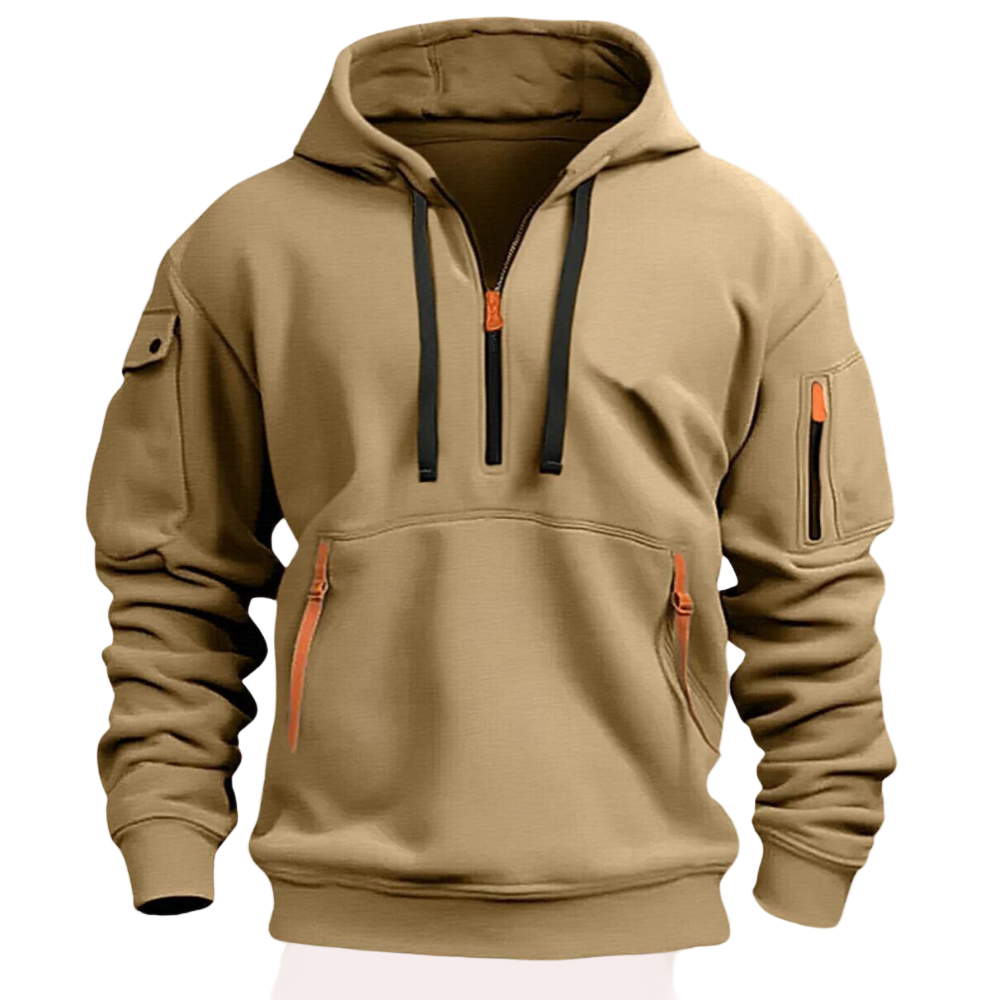 Beige herenhoodie met halve rits, zakken en capuchon. Comfortabele en stijlvolle sweater voor mannen. Perfect voor casual en sportieve looks.