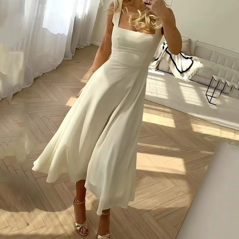 Dames Elegante Witte Zomerjurk | Midi