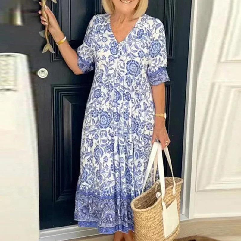 Dames Comfortabele Bloemenprint Zomerjurk | Midi
