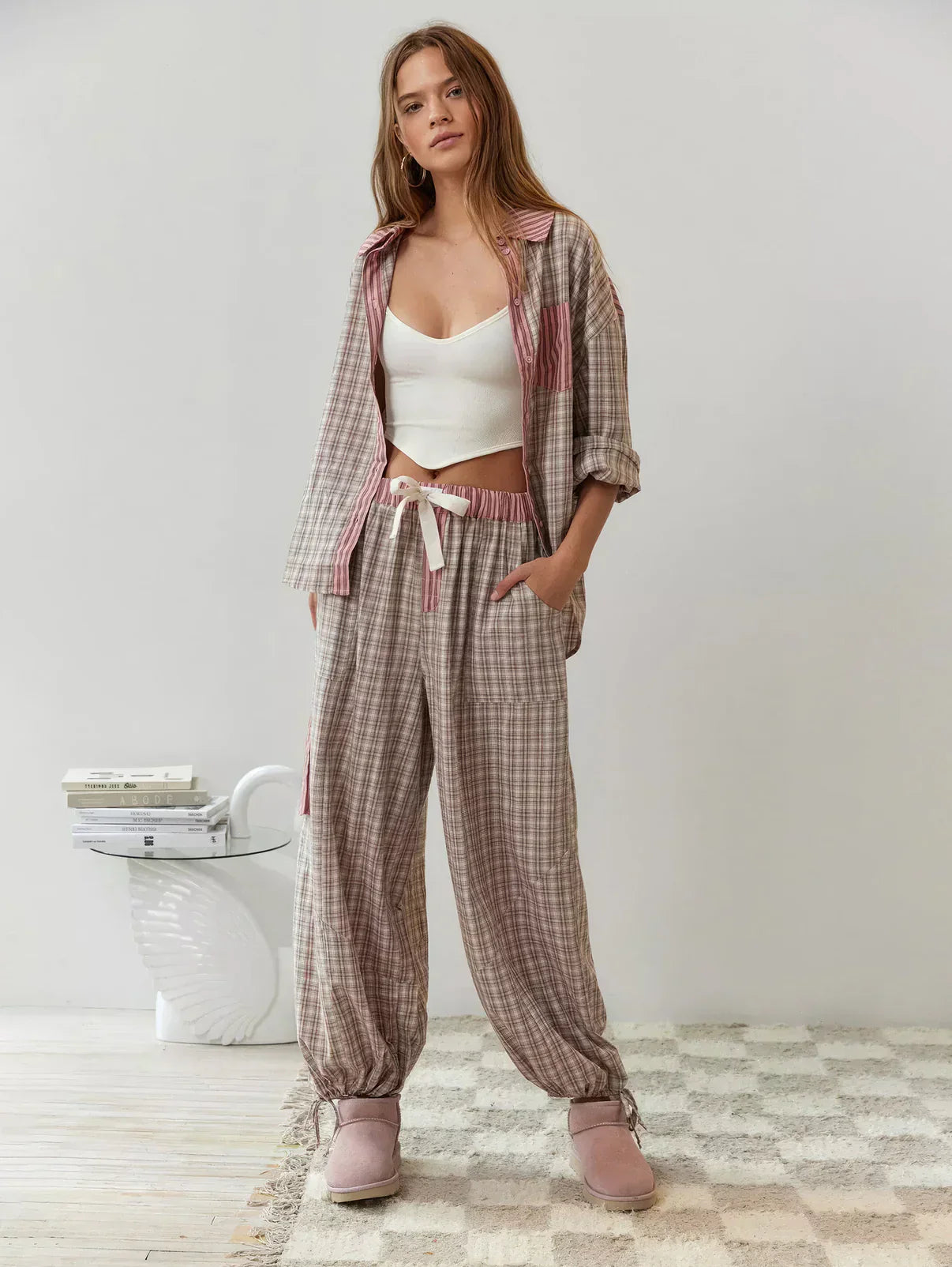 Dames Geruite Lounge Pyjama Set | Lange Mouwen Knoopsluiting