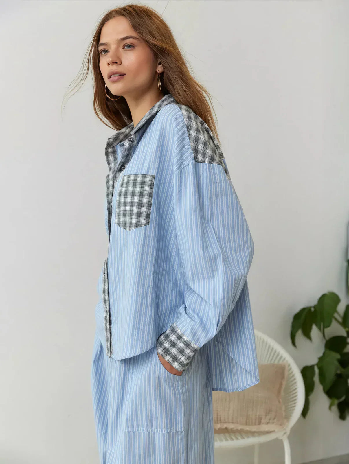 Dames Geruite Lounge Pyjama Set | Lange Mouwen Knoopsluiting
