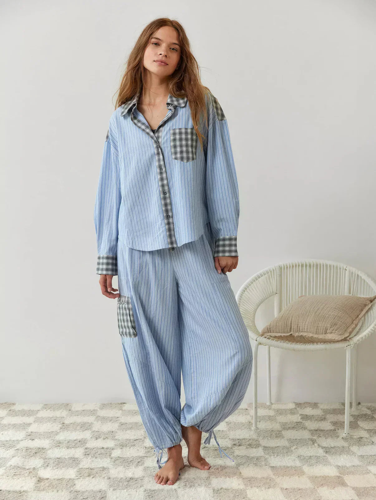 Dames Geruite Lounge Pyjama Set | Lange Mouwen Knoopsluiting